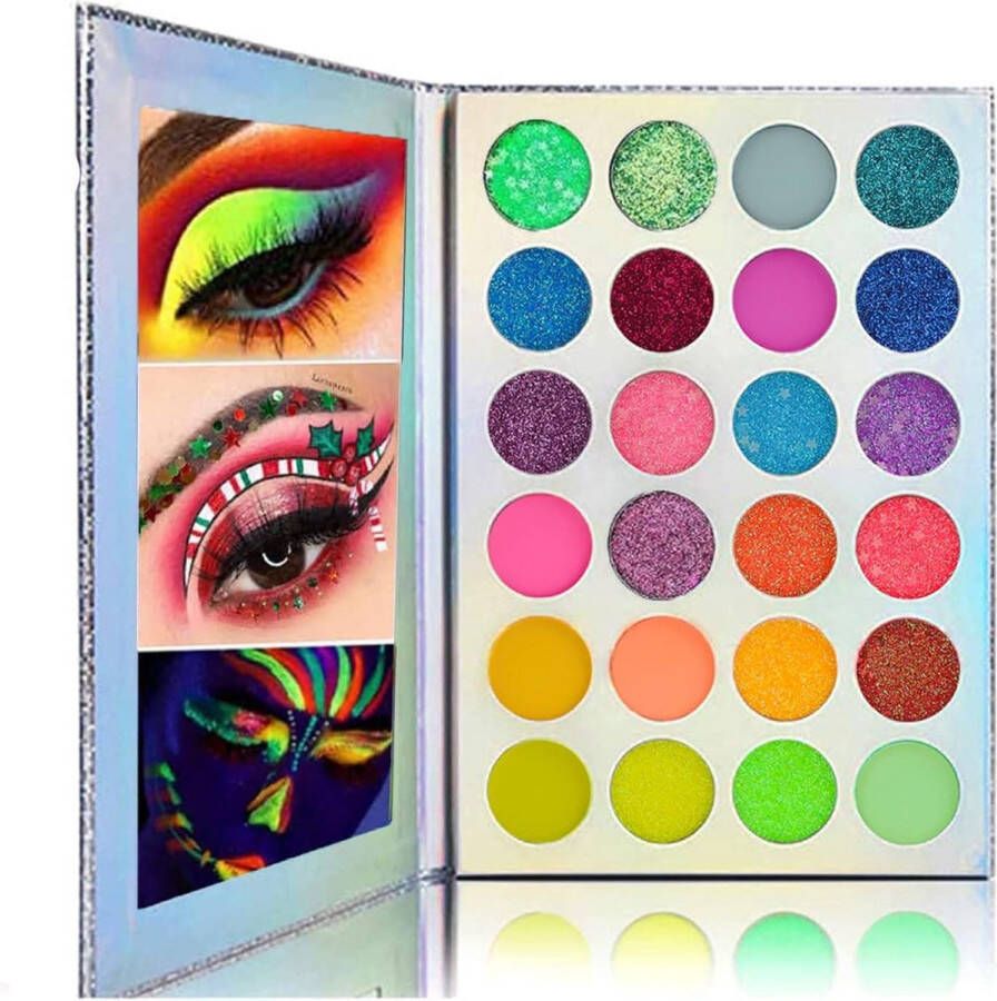 Kalolary Neon Glow In The Dark Oogschaduwpalet 24 kleuren sterk gepigmenteerd oogschaduw make-up palet UV Glow Blacklight Matte en Glitter Make-up Kit