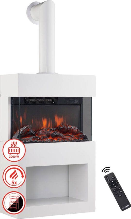 KAMINIO Elektrische haard HENRI met rookafvoerbuis Elektrische houtkachel met verwarming 3D-vlameffect houtopslag afstandsbediening Wit