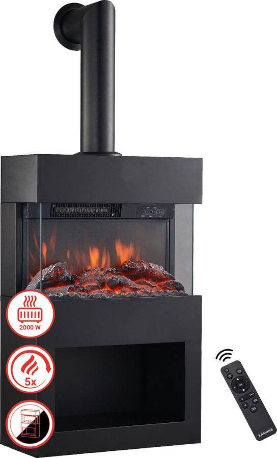 KAMINIO Elektrische haard HENRI met rookafvoerbuis Elektrische houtkachel met verwarming 3D-vlameffect houtopslag afstandsbediening- Zwart