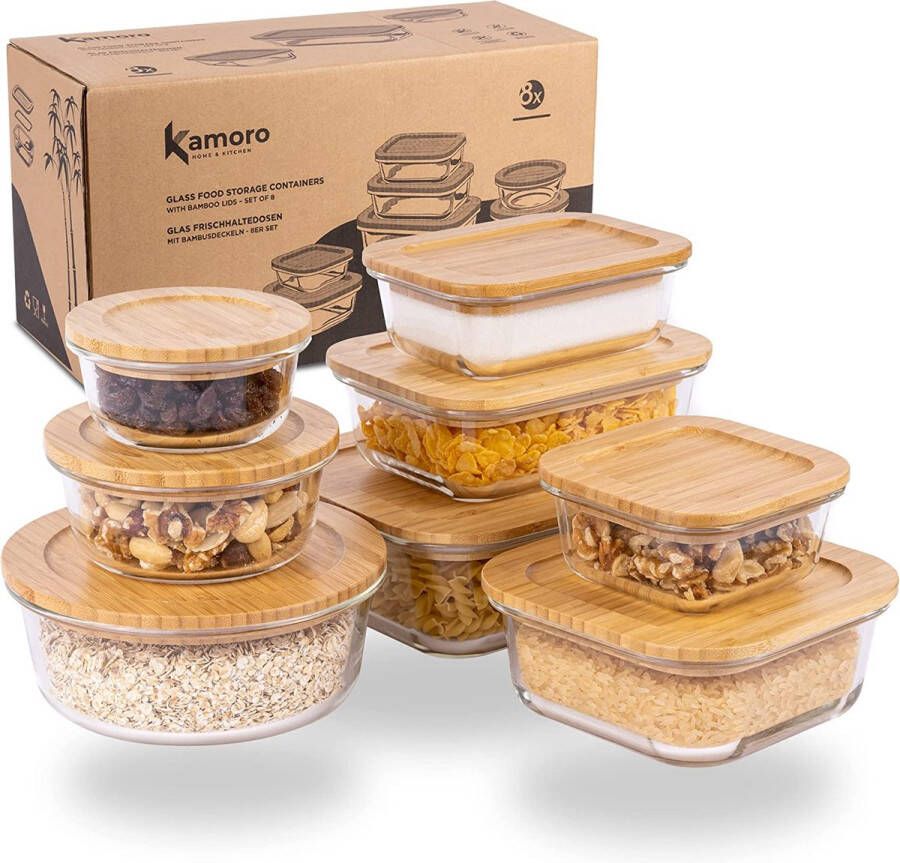 Kamoro HUIS & KEUKEN Containers van glas duurzaam met bamboe deksel BPA-vrij (set van 8) opbergdozen voor het bewaren van voedsel dankzij vele maten ook geschikt als lunchbox van glas