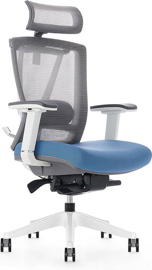 Kangaro bureaustoel luxe multi verstelbaar netstof met hoofdsteun grijs blauw K-850140
