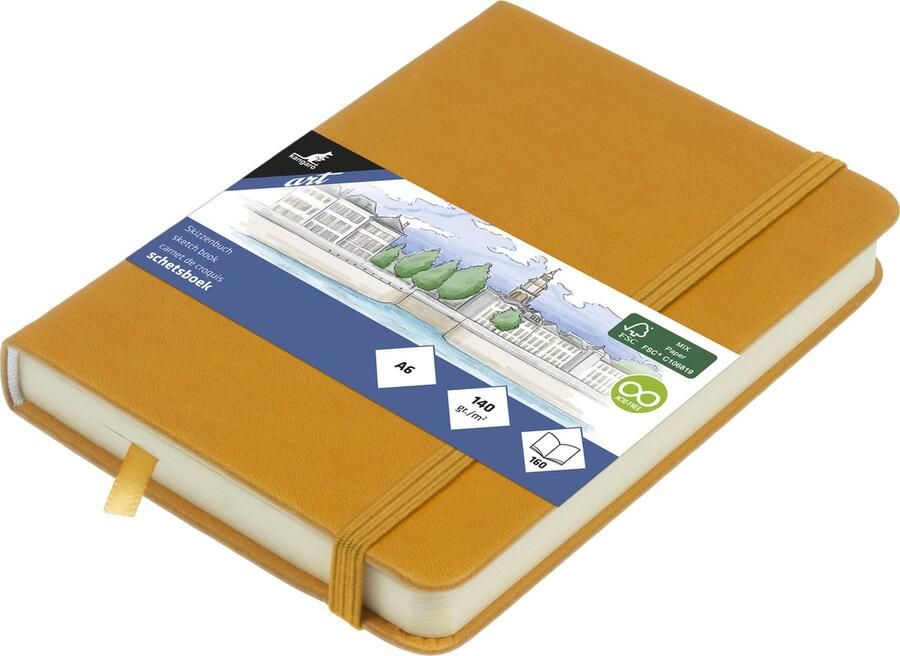 Kangaro schetsboek A6 okergeel PU hardcover met elastiek en lint K-861211