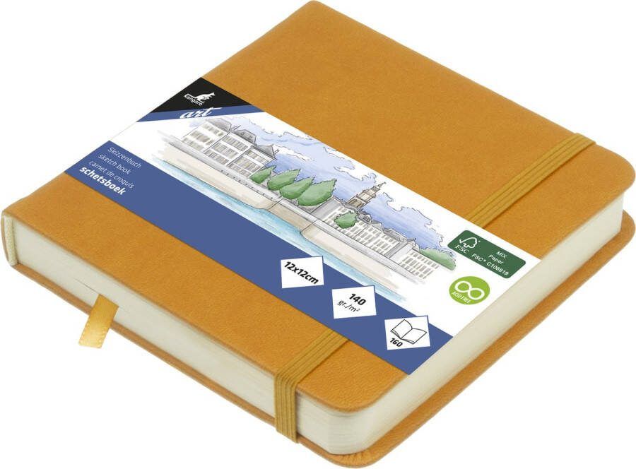 Kangaro schetsboek 12x12cm okergeel PU hardcover met elastiek en lint K-861201
