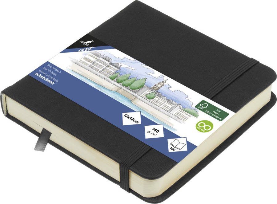 Kangaro schetsboek 12x12cm zwart PU hardcover met elastiek en lint K-861200