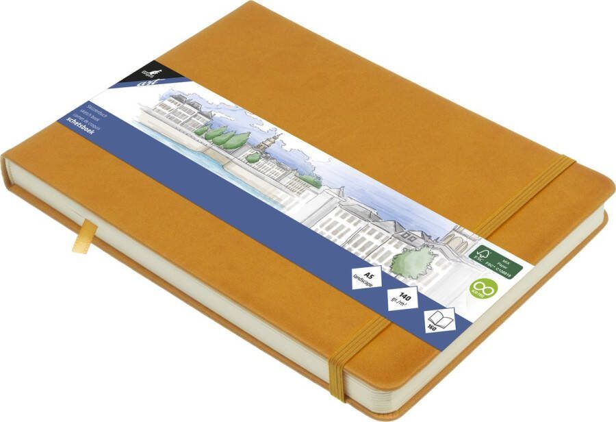 Kangaro schetsboek A5 landscape okergeel PU hardcover met elastiek en lint K-861231