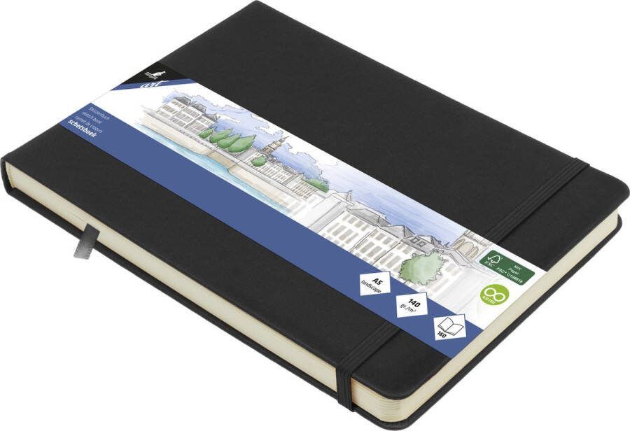 Kangaro schetsboek A5 landscape zwart PU hardcover met elastiek en lint K-861230