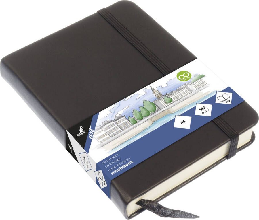 Kangaro schetsboek A6 zwart PU hardcover met elastiek en lint K-861210