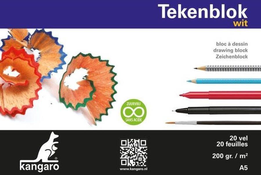 Kangaro tekenblok A5 200 grams 20 vel wit K-5549