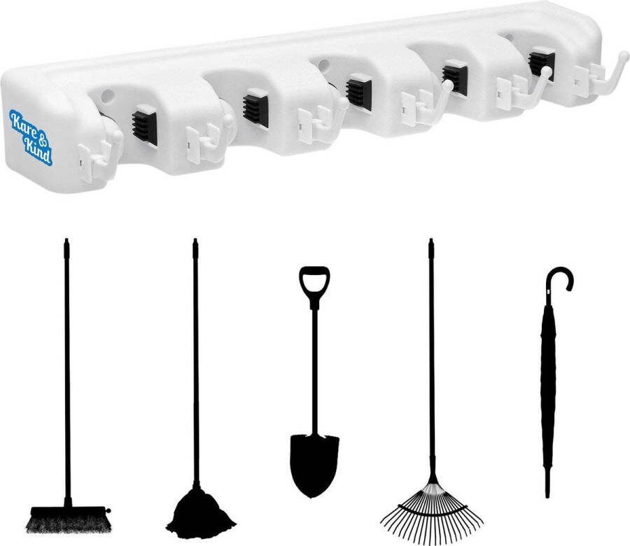 Kare & Kind Bezemhouder wandhouder gereedschapshouder rek 5 sleuven met automatische handgrepen perfect voor bezem mops plumeau hark schepen enz. 6 opvouwbare haken voor kleinere gereedschappen doeken