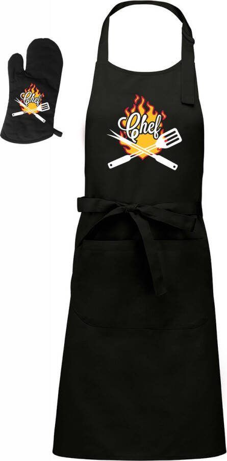 Kariban Mijncadeautje Barbecueschort Chef zwart XXL 97 x 68 cm kleurenopdruk gratis BBQ handschoen