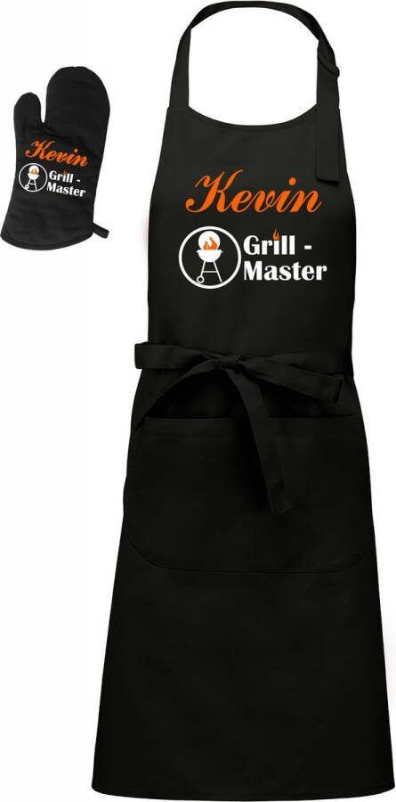 Kariban Mijncadeautje Barbecueschort Grill Master BBQ met naam zwart XXL 97 x 68 cm gratis BBQ- handschoen