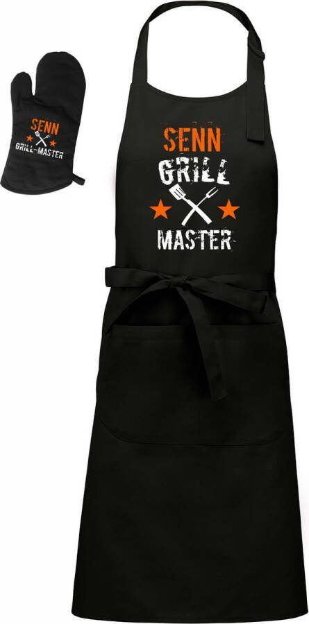 Kariban Mijncadeautje Barbecueschort Grill Master met Bestek met naam zwart XXL 97 x 68 cm gratis BBQ- handschoen
