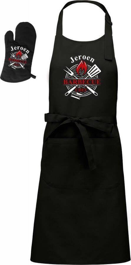 Kariban Mijncadeautje Luxe Barbecue schort BBQ chef met voornaam zwart gratis BBQ- handschoen