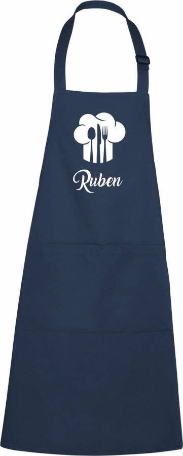 Kariban mijncadeautje luxe schort bestek in koksmuts met voornaam blauw