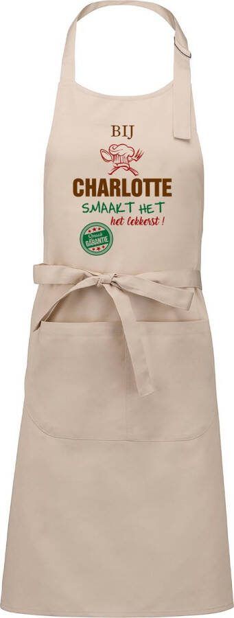 Kariban Naamcadeau Naamschort Keukenschort met je naam Kookschort verjaardag moederdag beige het smaakt het lekkerst bij: Cynthia