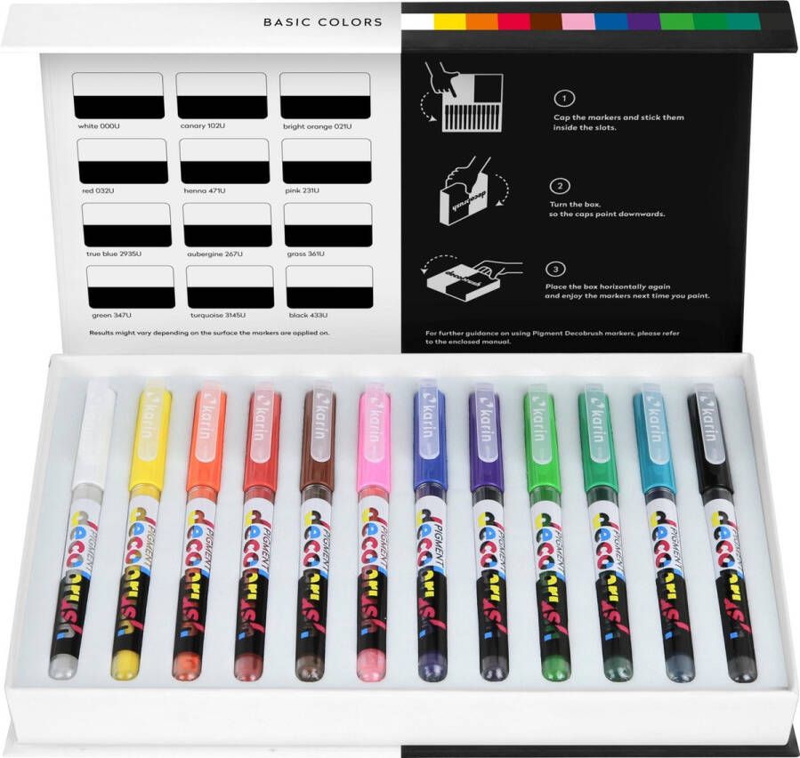 Karin Pigment DecoBrush Acrylmarkers set van 12 Basic Colors