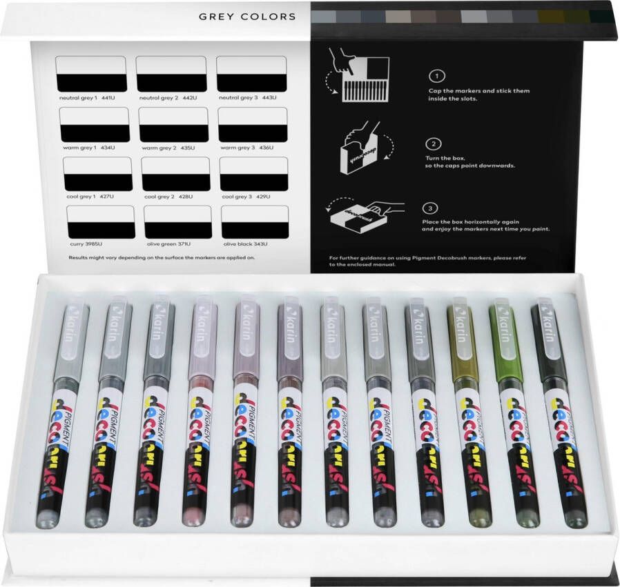 Karin Pigment DecoBrush Acrylmarkers set van 12 Grey Colors