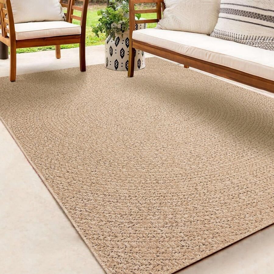 Karpet24 Buitentapijt Jute look 120 cm voor binnen en buiten Rond Laagpolig natuurlijke look voor tuin balkon terras of binnen indoor kleed of buitentapijt of tuintapijt Kenzy by