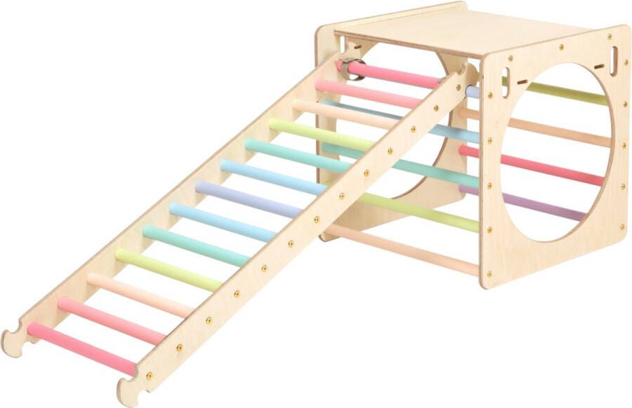 KateHaa Activiteiten Kubus met ladder van hout in pastelkleuren Indoor Klimrek voor kinderen