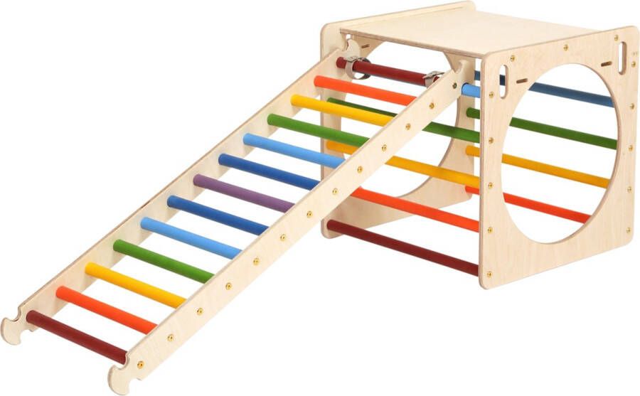 KateHaa Activiteiten Kubus met ladder van hout in regenboogkleuren Indoor Klimrek voor kinderen