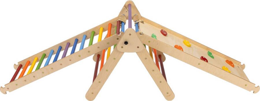 KateHaa Klimdriehoek van hout met ladder & klimwand in regenboogkleuren Indoor Klimrek voor kinderen
