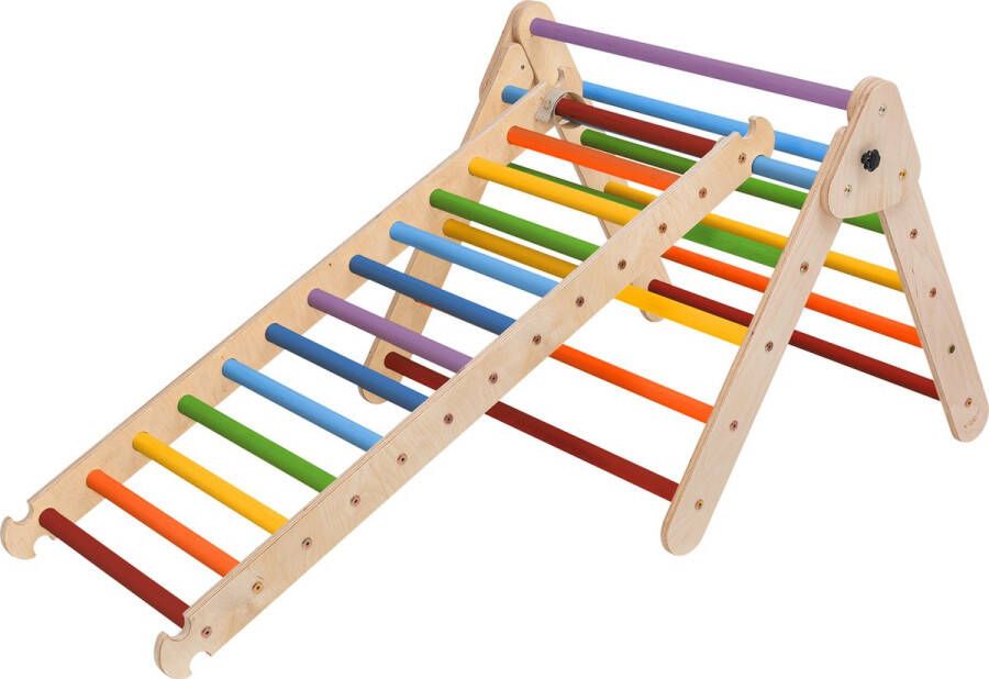 KateHaa Klimdriehoek van hout met ladder in regenboogkleuren Indoor Klimrek voor kinderen