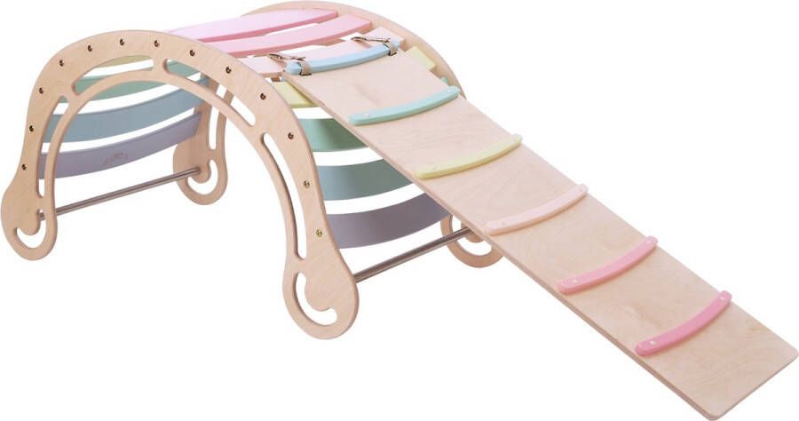 KateHaa XXL Waldorf Rocker van hout met Klimwand in pastelkleuren Indoor Klimrek Klimboog voor kinderen