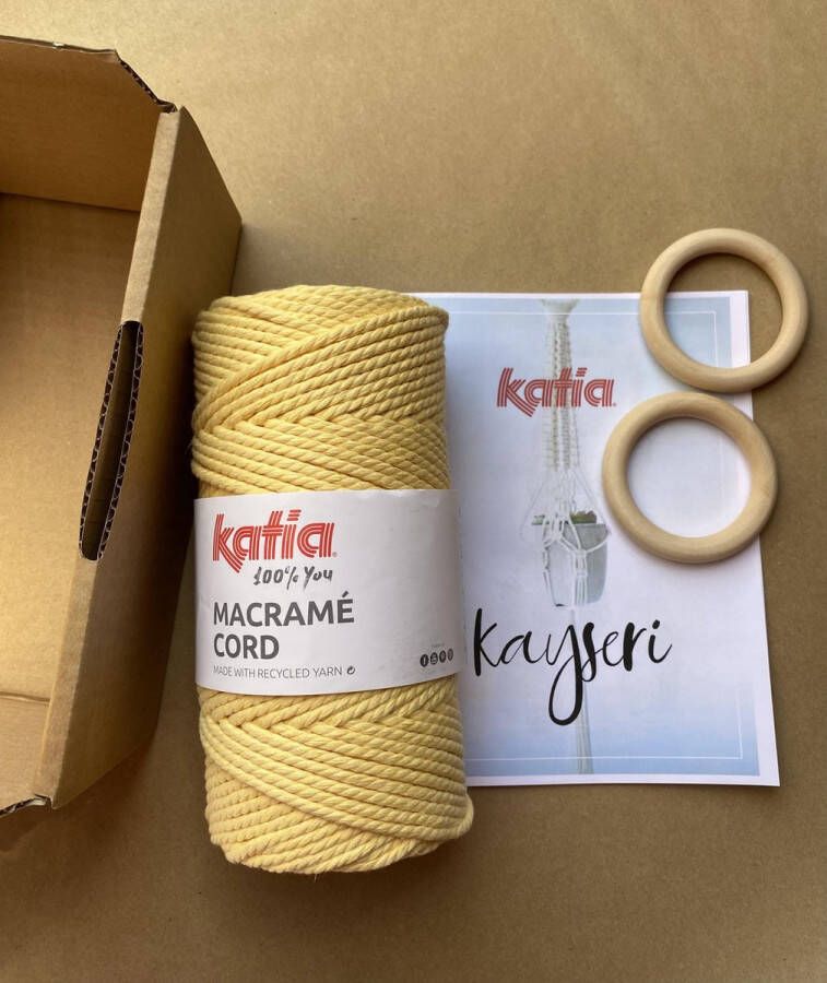 Katia Macrame pakket macrame plantenhanger geel DIY macrame touw macrame koord gerecycleerd getwijnd touw macramé plantenhanger zelf maken beginners