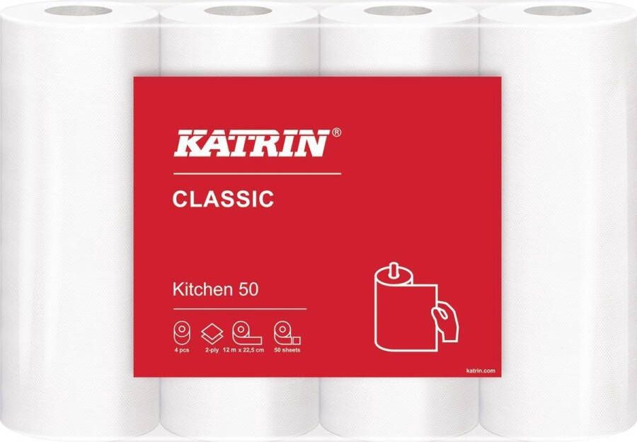 KATRIN Plus keukenpapier 2-laags 50 vel per rol pak van 4 rollen 8 stuks