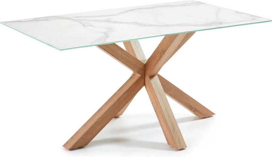 Kave Home Argo tafel in wit porselein met hout-effect stalen poten 160 x 90 cm
