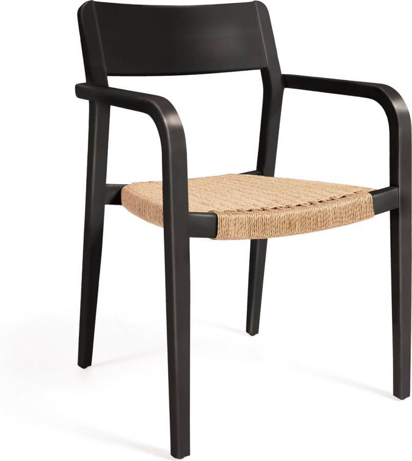 Kave Home Better stoel in massief acaciahout met matzwarte afwerking en beige papieren koord