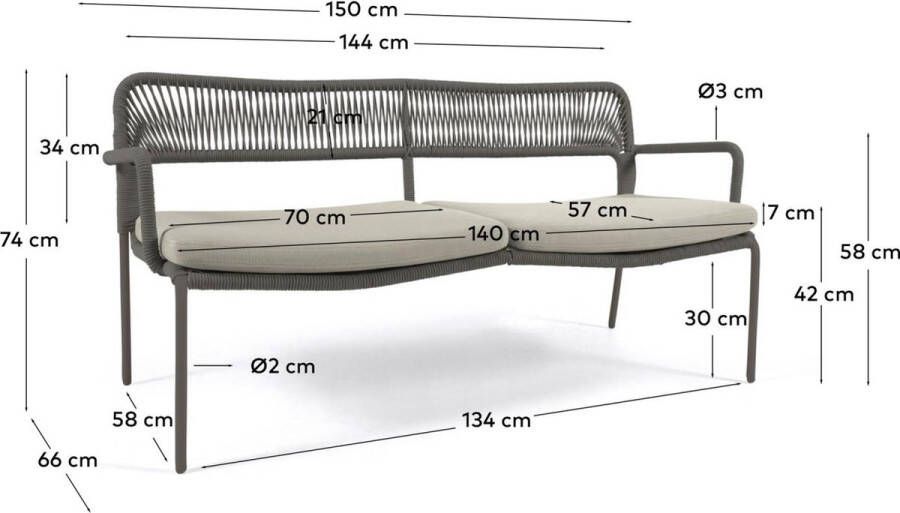 Kave Home Cailin 2-zitsbank in groen koord met gegalvaniseerde stalen poten in donkergroen 150 cm