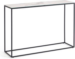 Kave Home Rewena salontafel van porselein met witte Kalosafwerking en stalen frame 110 x 75 cm