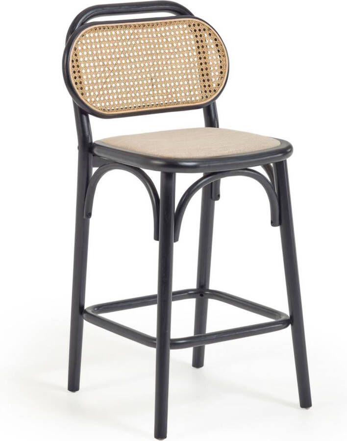 Kave Home Doriane 65 cm height solid elm stool with black lacquer finish and upholstered seat