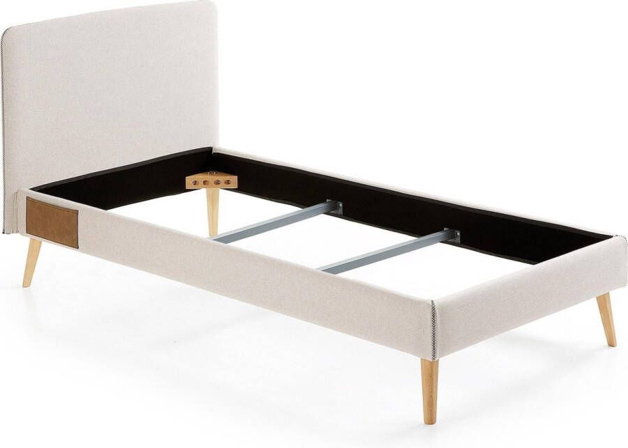 Kave Home Dyla bed met afneembare hoes in beige met massief beukenhouten poten voor een matras van