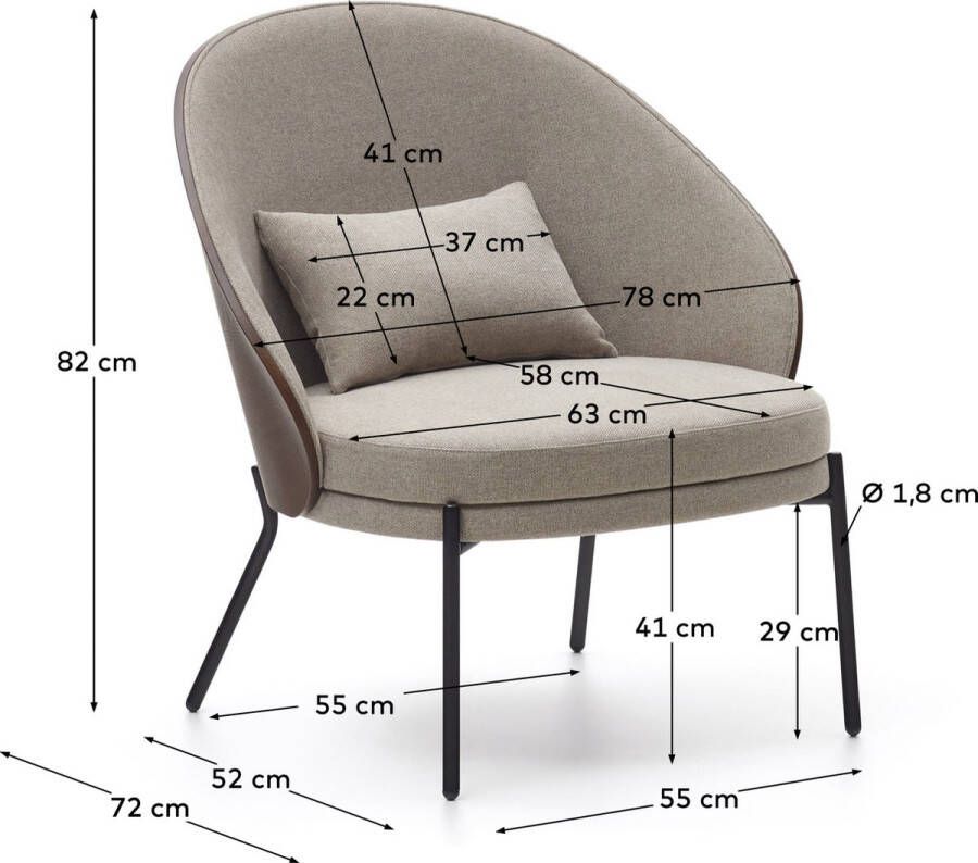 Kave Home Eamy lichtbruine fauteuil in essenhoutfineer met wengé afwerking en zwart metaal