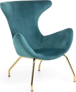 Kave Home Chleo fauteuil in turquoise fluweel met stalen gouden poten