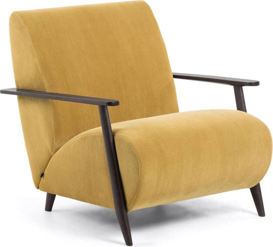Kave Home Fauteuil Meghan in corduroy mosterd met massief essenhouten poten met wengé-afwerking