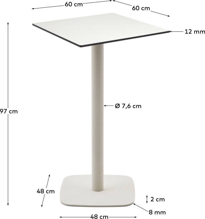 Kave Home Hoge witte Dina-buitentafel met wit gelakte metalen poot 60 x 60 x 96 cm