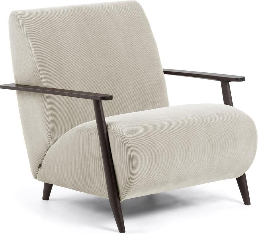 Kave Home Fauteuil Meghan in corduroy beige met massief essenhouten poten met wengé-afwerking