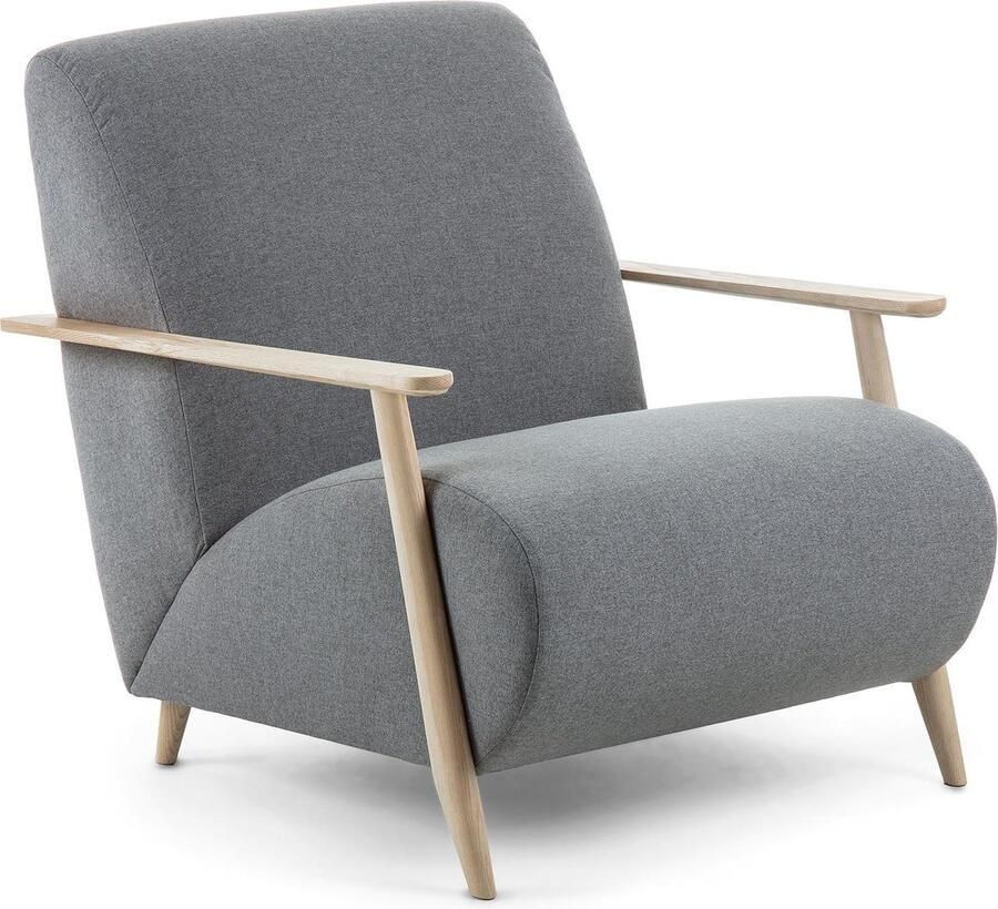 Kave Home Fauteuil Meghan in grijs met massief essenhouten poten natuurlijke afwerking