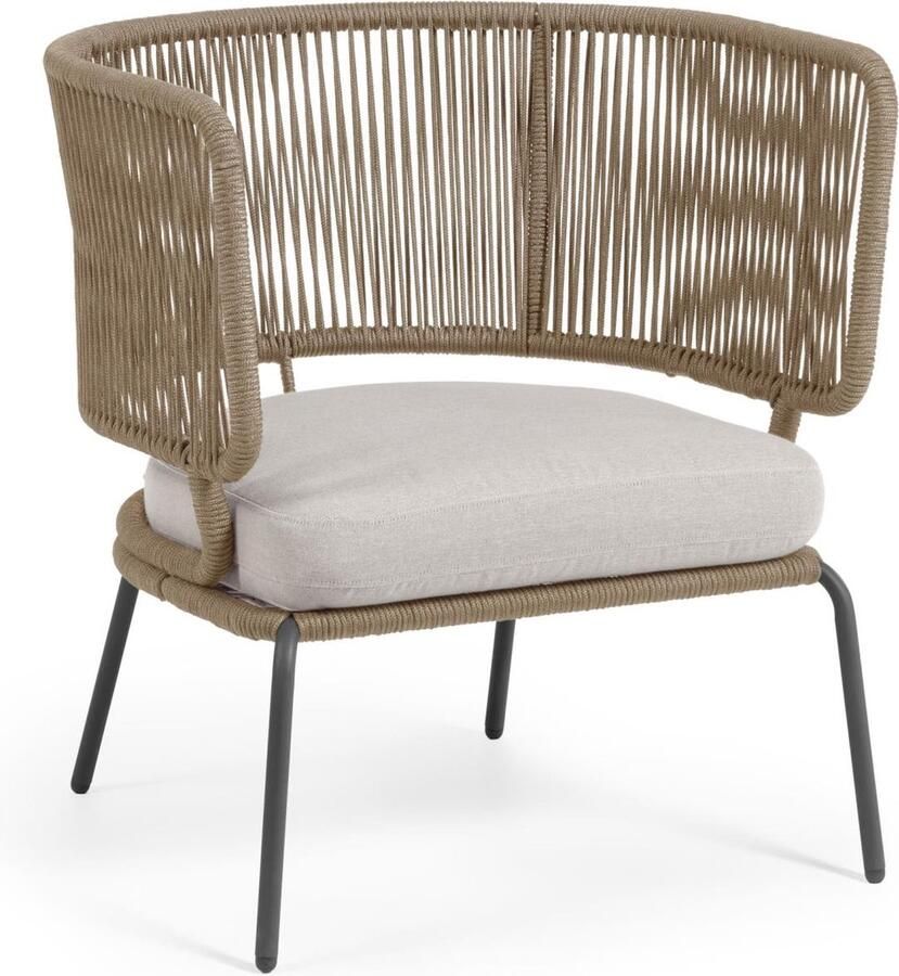 Kave Home Nadin fauteuil in beige koord met gegalvaniseerde stalen poten