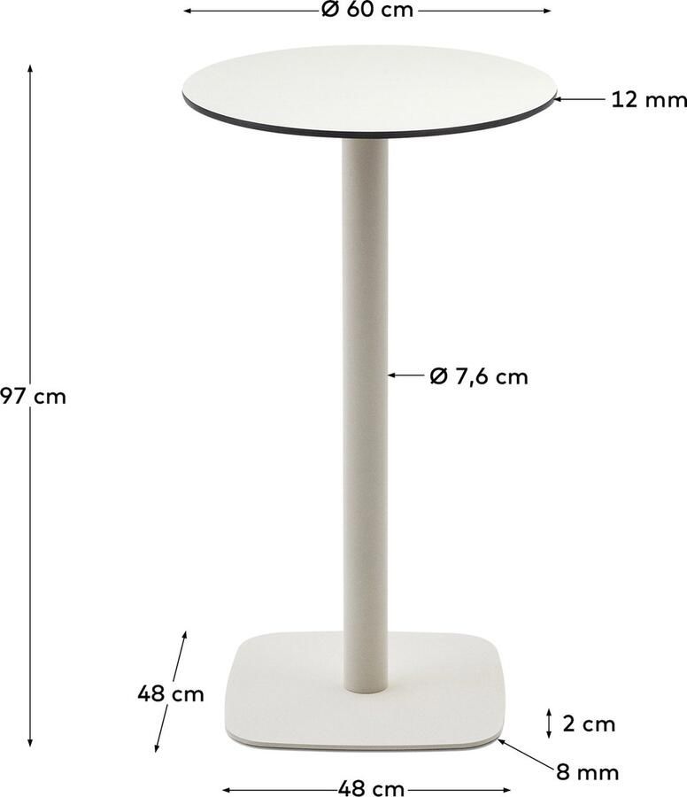 Kave Home Ronde hoge witte Dina-buitentafel met wit gelakte metalen poot Ø 60 x 96 cm