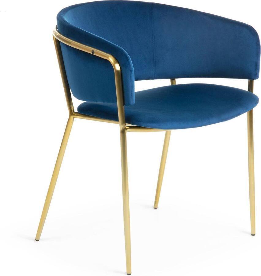 Kave Home Stoel Runnie met fluweel blauw en stalen poten met een goudkleurige afwerking
