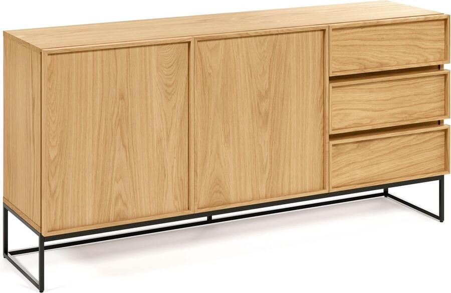Kave Home Taiana 2-deurs dressoir met 3 lades in eikenfineer en zwart stalen structuur 160 x 78 cm