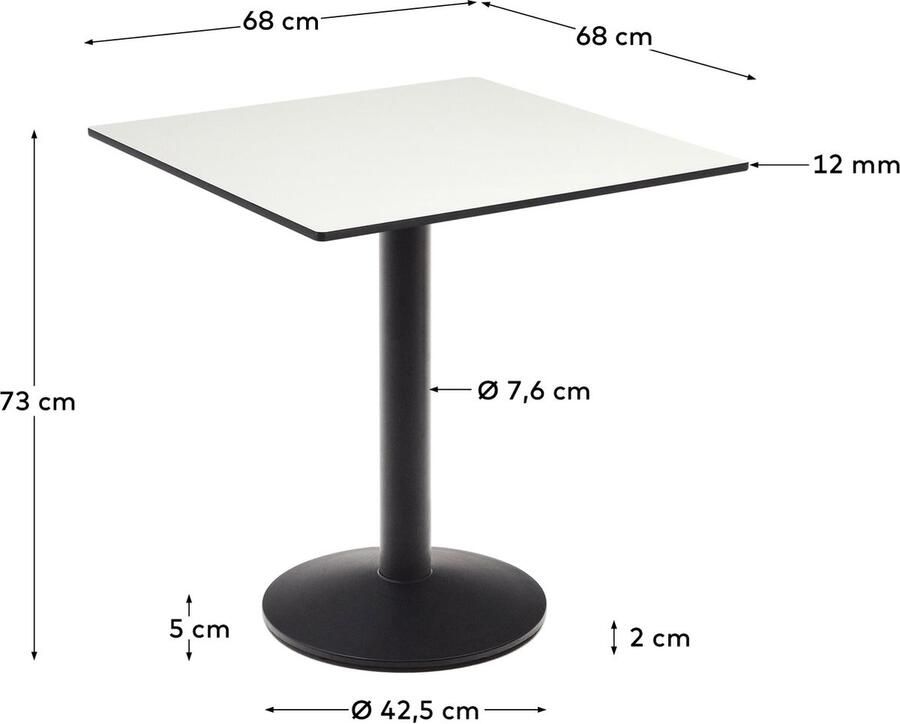 Kave Home Witte Esilda-buitentafel met zwart gelakte metalen poot 70 x 70 x 70 cm