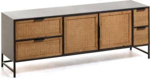 Kave Home Kyoko TV-meubel van dennenhout en zwart metaal met 2 euren en 4 laden 150 x 55 cm