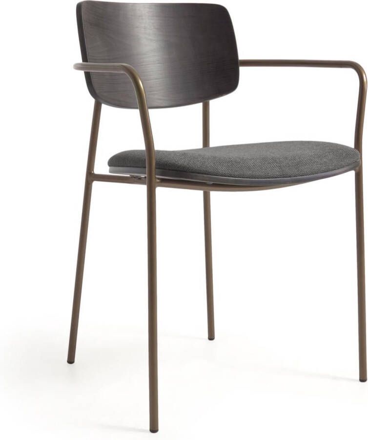Kave Home Maureen stapelbare stoel met essenfineer in donkere afwerking en messing metaal