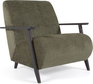 Kave Home Meghan fauteuil in groene chenille en hout met wengé afwerking