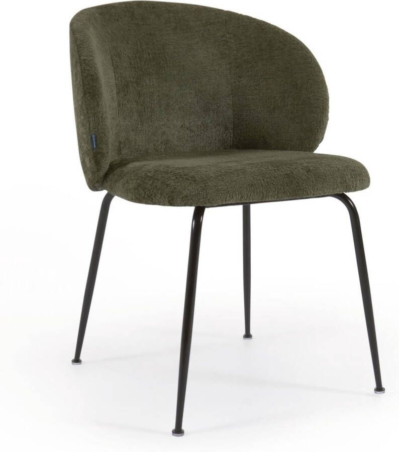 Kave Home Minna stoel in groen chenille met stalen poten en zwarte afwerking